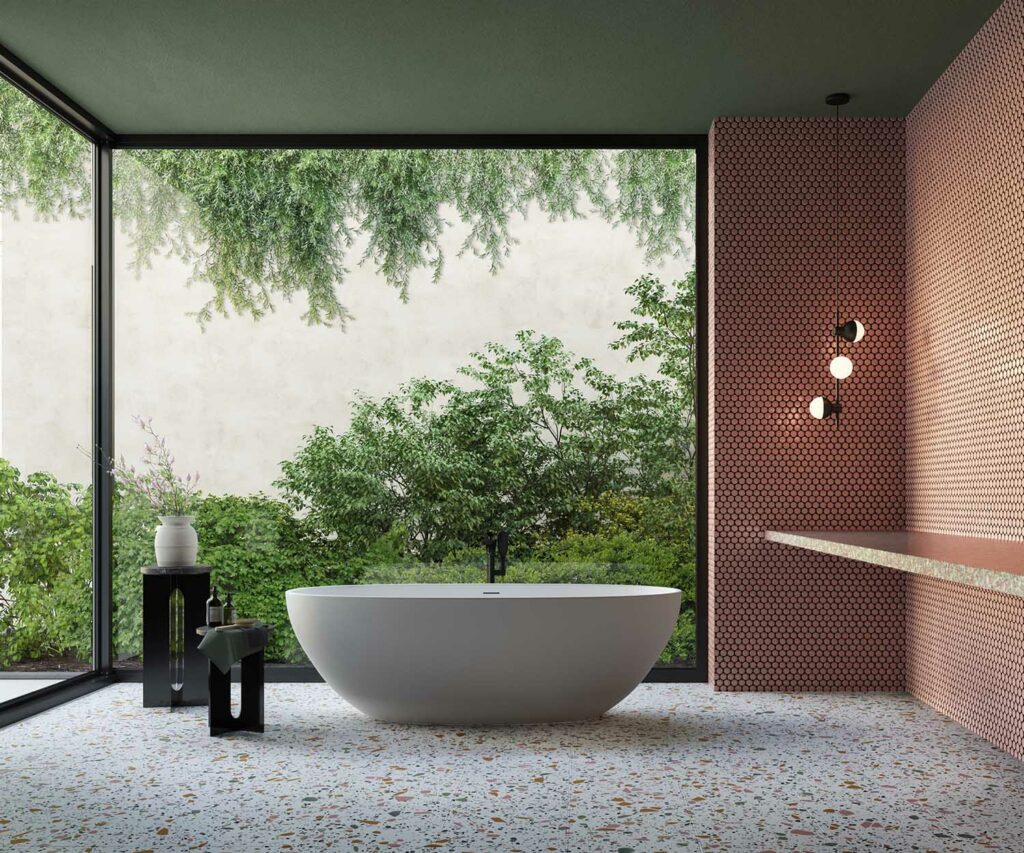 rendering 3d catalogo ceramiche terrazzo vasca design resa gres oggetti design produzione di cataloghi interior landscape room wita a view dreaming bathroom bath tub dream nature catalogues