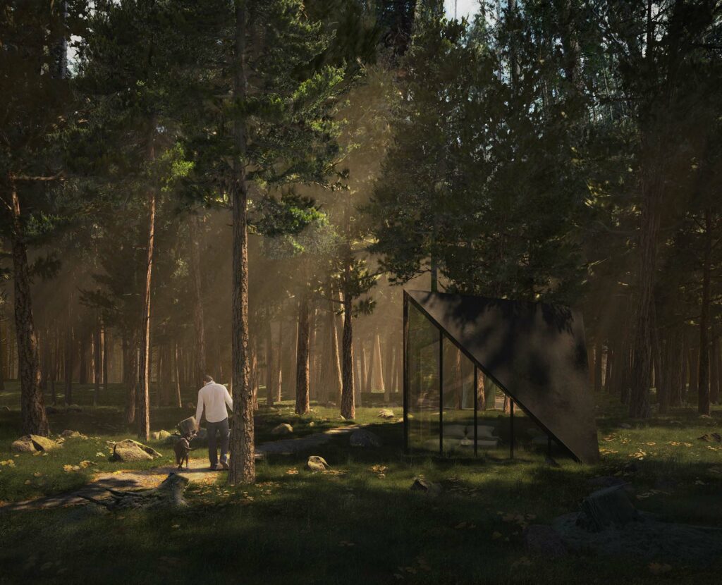 rendering 3d concorso progettazione padiglione itinerante prospettive gare visualizzazione idea progettuale awards competition architetural architecture design pavilion landscape woods godlight lights