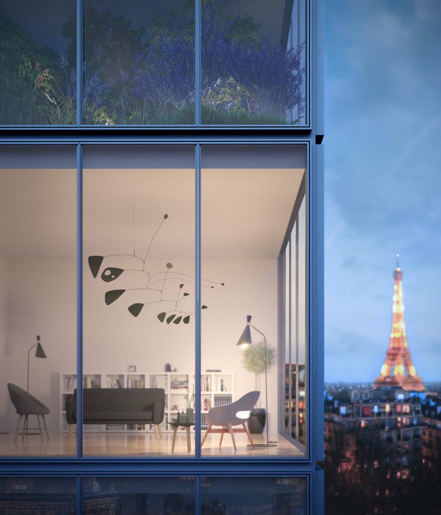 render 3d exterior interior paris house skyscraper contrast warm cold blue image tour eiffel grattacielo progetto urbano progettazione appartamenti real estate