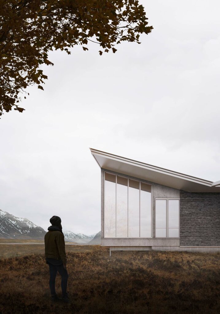 render 3d exterior pavilion isolate mountain autumn tree person foreground