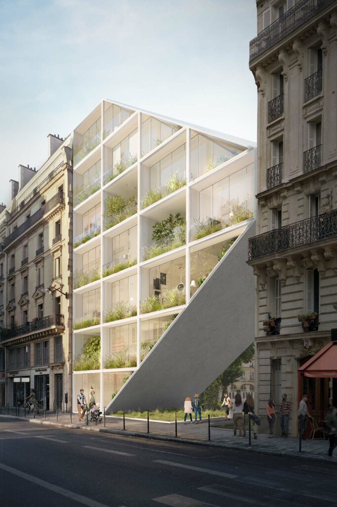 render 3d exterior project competition affordable house paris street people walking golden hour