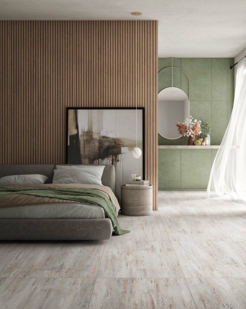 immagine render 3d progetto ristrutturazione interni visualizzazione camera da letto bagno interni scelta materiali finiture colori ceramiche rivestimenti pavimenti rendering mobili arredi ceramic gres floor wall covering design